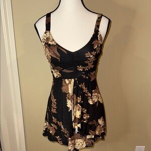 Kismet Black Tank Top with Brown and Cream Floral Print